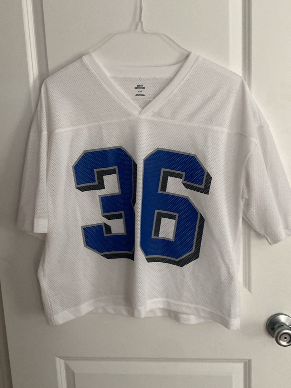 Urban Outfitters White Mesh Football Jersey with Blue 36
